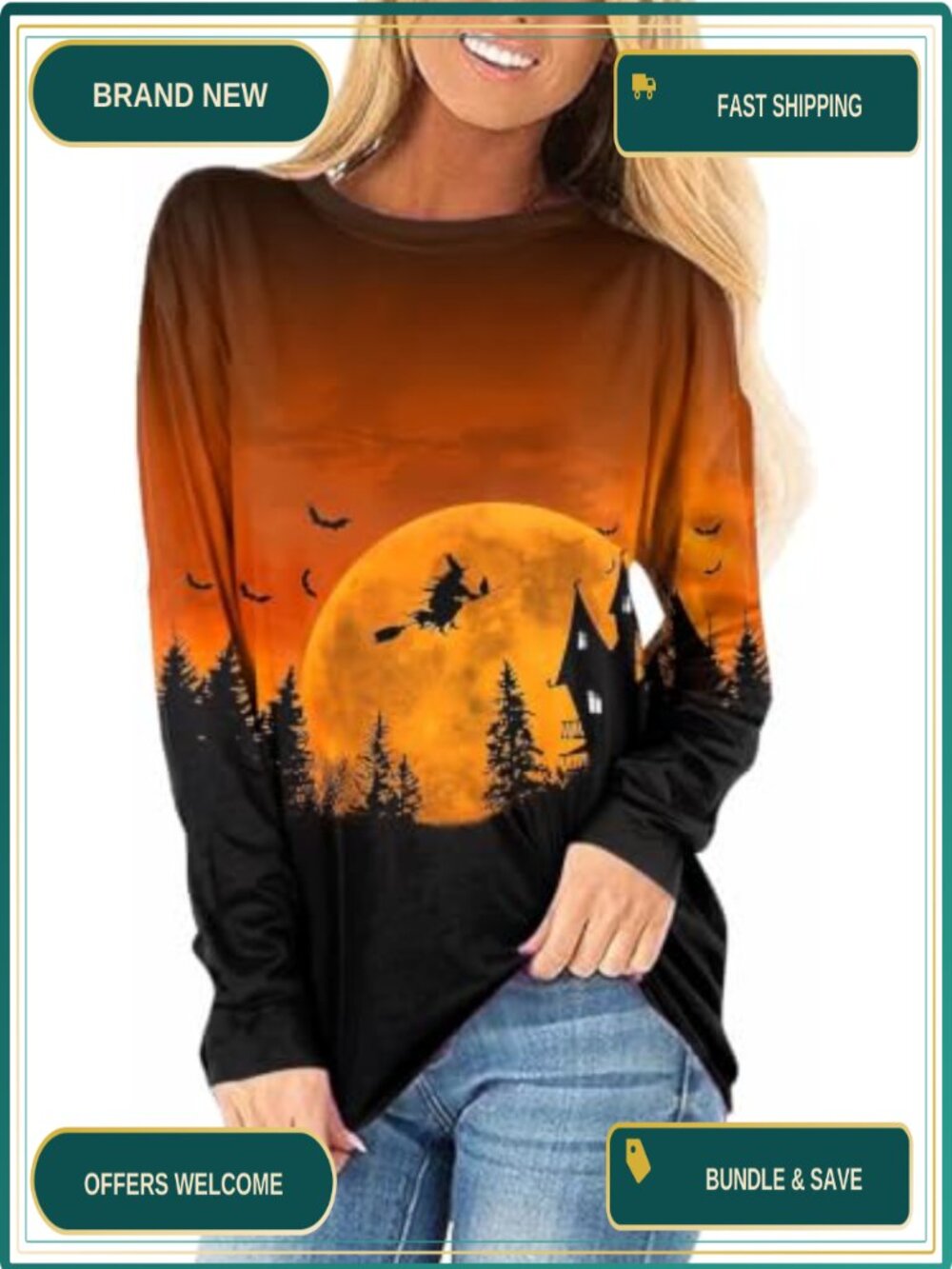 Womens Halloween Thanksgiving Long Sleeve Cotton Blend Graphic Tee